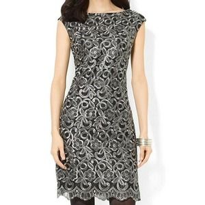Lauren Ralph Lauren Cap-Sleeve Scalloped Metallic Lace Dress Pewter 6